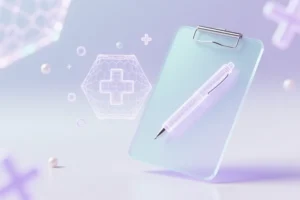 A single minimalist clipboard with floating pen constructed from delicate translucent digital mesh hexagons and glowing strands.