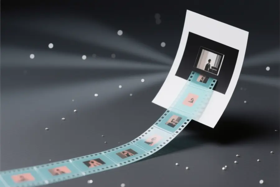 A single photographic print, slightly curled with a smooth flowing ribbon of translucent video frames.