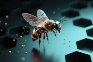 A single sleek metallic bee crafted from brushed aluminum with faint copper circuit inlays.