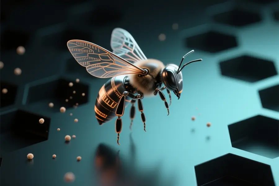 A single sleek metallic bee crafted from brushed aluminum with faint copper circuit inlays.