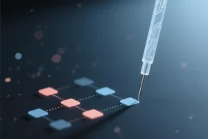 A single slender metallic needle translucent with a faint digital circuit pattern along its length.