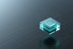 A single translucent crystalline cube composed of layered geometric shards with a soft teal and blue glow.