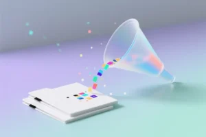 A single translucent funnel made of frosted glass angled downward on matte white folders.