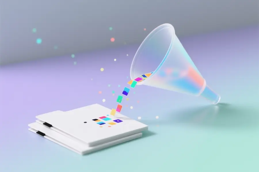 A single translucent funnel made of frosted glass angled downward on matte white folders.