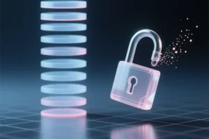 A single translucent padlock with its shackle unlocked and lifted padlock body is made of a crystalline semi-transparent material.