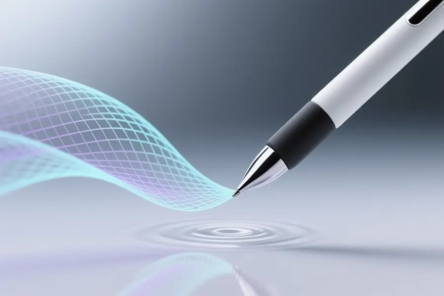 A sleek brush-like stylus with its tip is a glistening liquid crystal lens that delicately warps a transparent pixel mesh.