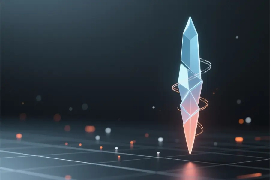 A sleek digital lance crafted from overlapping geometric shards colored in soft gradients.