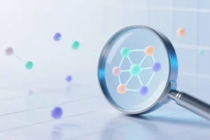 a sleek magnifying glass with a frosted glass lens focuses on a tiny abstract network of interconnected nodes.