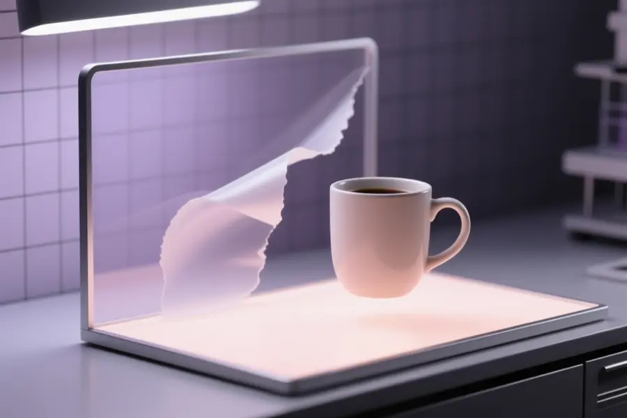 A sleek workspace scene with a floating matte ceramic coffee mug and a background peeling away.