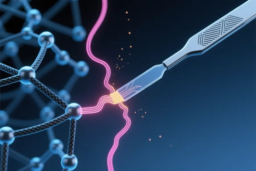 A slender surgical tool with a glass blade and delicate fiber-optic filaments gently severs a circuit.