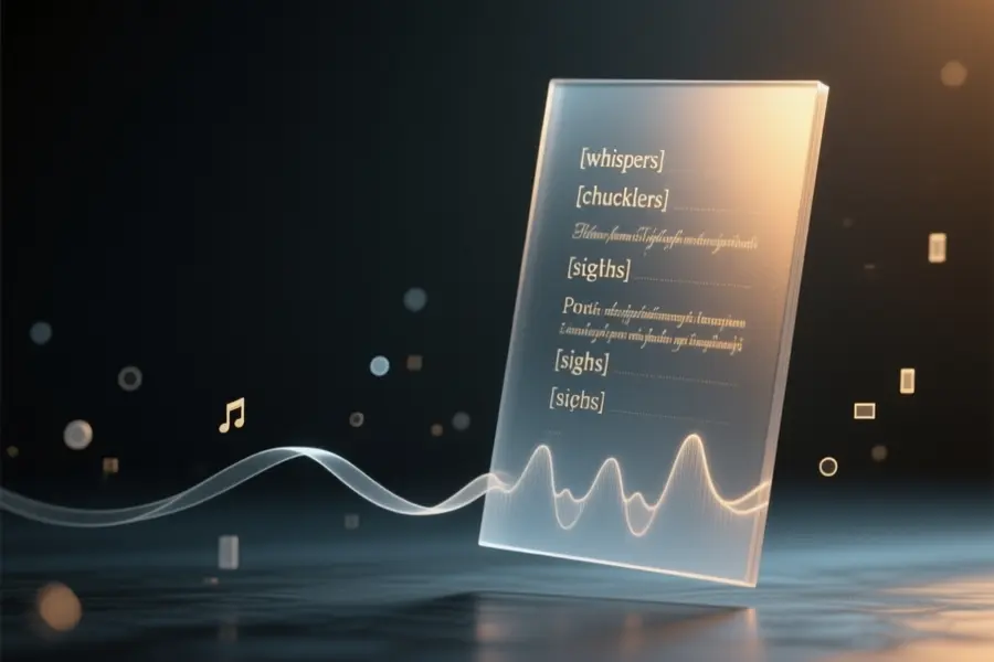 A slim frosted-glass script page etched with delicate stage directions and a thin sound wave.
