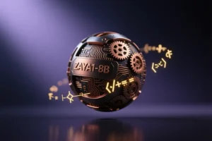 A small intricately machined sphere made of interlocking bronze gears and micro-circuitry with text ZAYA1-8B engraved.