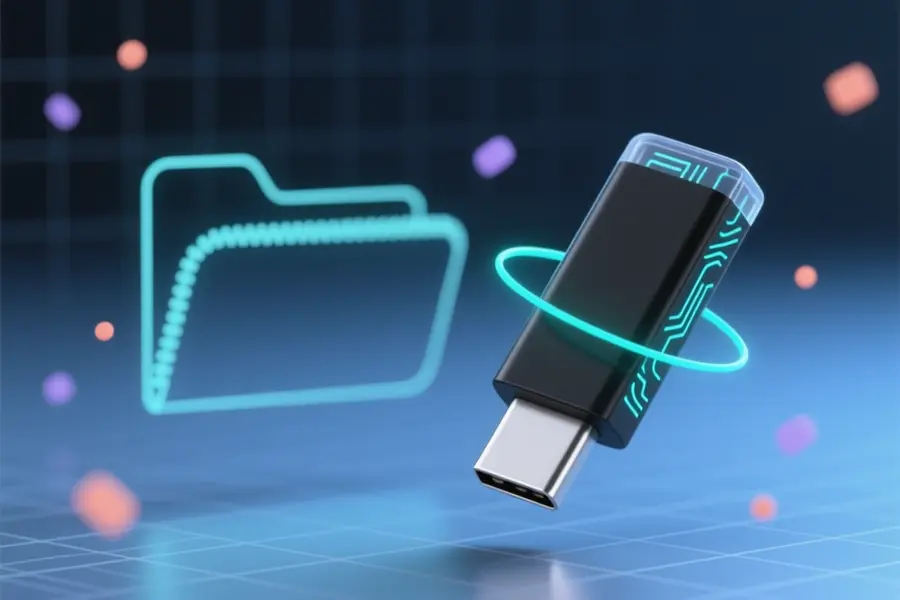 a smooth matte black USB-C flash drive behind it a faint unzipped folder icon made of thin glowing lines.