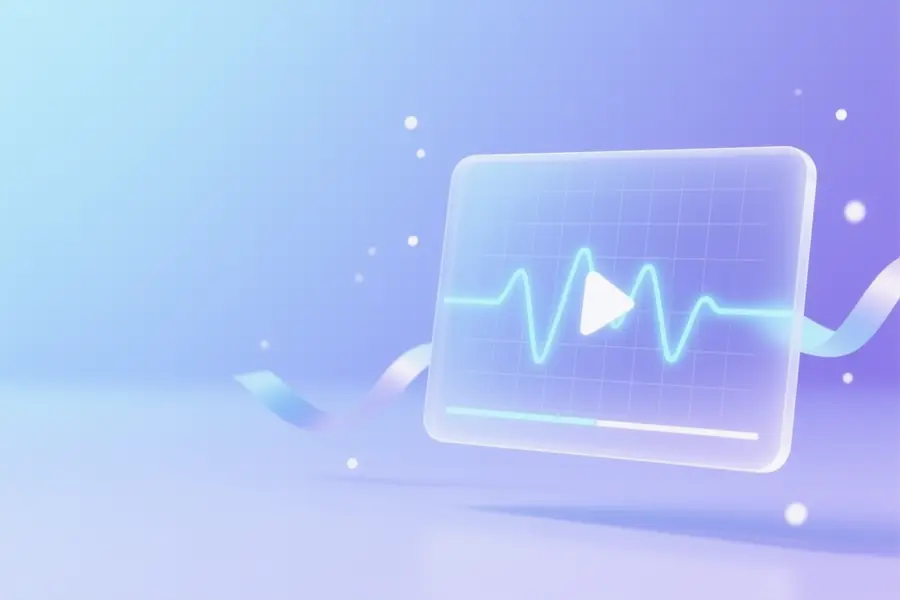 A softly glowing rectangular video frame with a delicate waveform trace in pale blue colors.