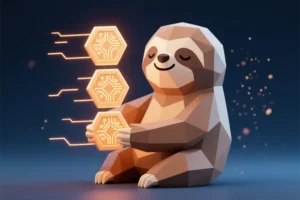 A stylized low-poly sloth mascot sitting contentedly rendered in soft warm browns and cream tones hold three glowing hexagonal tokens.