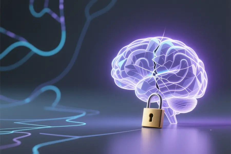 a translucent crystalline brain structure composed of interwoven glowing data streams with a subtle crack running through.