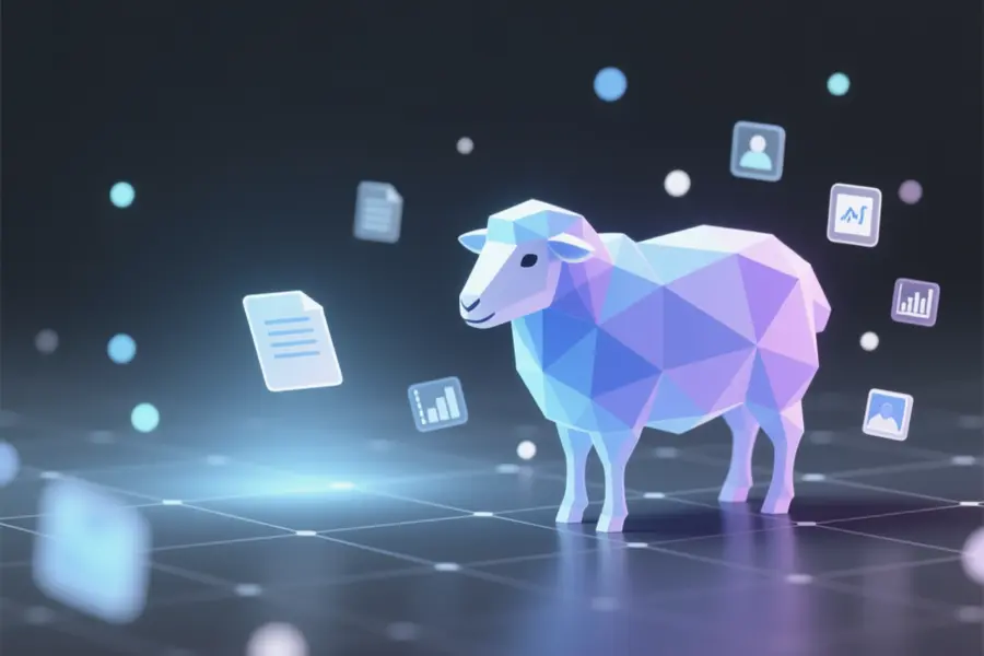 A translucent geometric sheep constructed from soft blue and lavender polygonal facets with tiny semi-transparent documents.