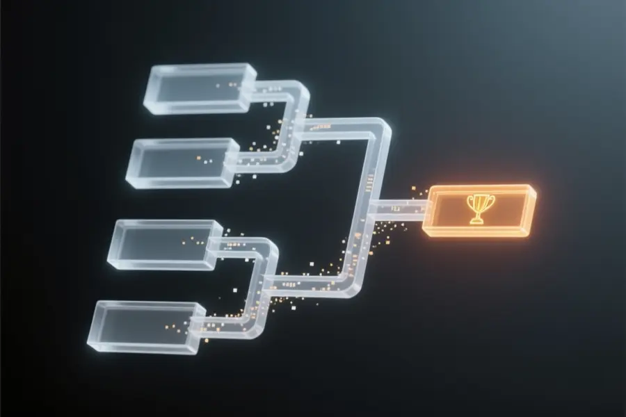 A translucent glass-like branching tournament bracket structure with a glowing winning slot.
