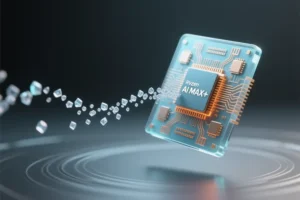 A translucent Ryzen AI MAX+ processor chip floats prominently on the right side of the view.