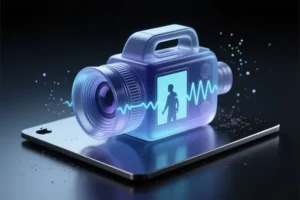 A translucent video camera sculpted from frosted glass that sits centrally on a dark brushed aluminum slab.