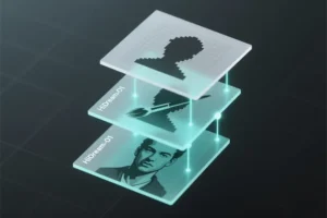A vertical stack of three translucent pixel canvas panels floating at an angle.