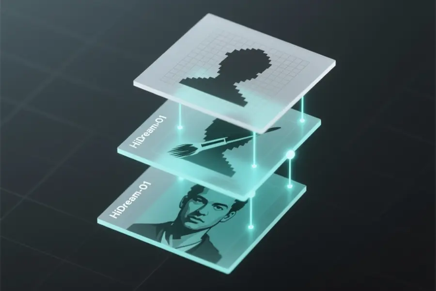 A vertical stack of three translucent pixel canvas panels floating at an angle.