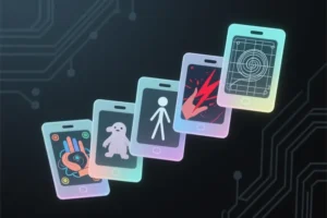 An arrangement of six translucent style adapter cards floating in soft depth.
