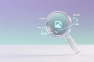An elegant magnifying glass crafted from translucent matte acrylic tiny floating luminous icons.