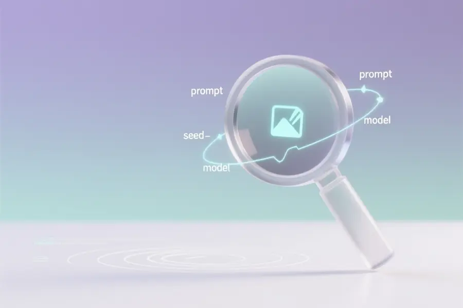 An elegant magnifying glass crafted from translucent matte acrylic tiny floating luminous icons.