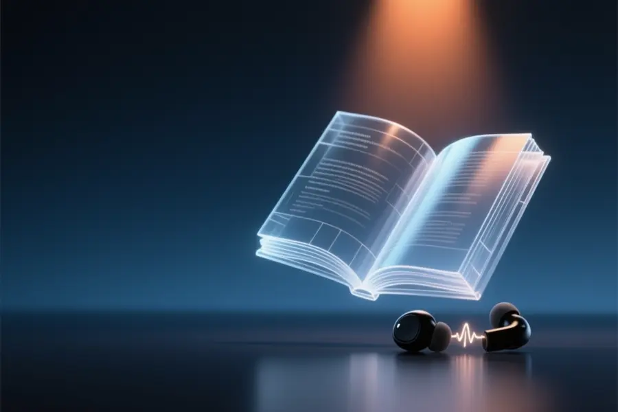 an elegant translucent open book hovers with its pages formed from delicate illuminated wireframes and subtle glowing outlines.