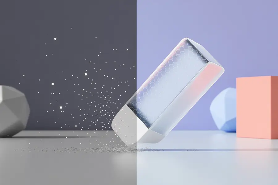 An erasers path reveals a pristine scene behind a soft light blue geometric sphere and a muted cube resting on a pale white surface.