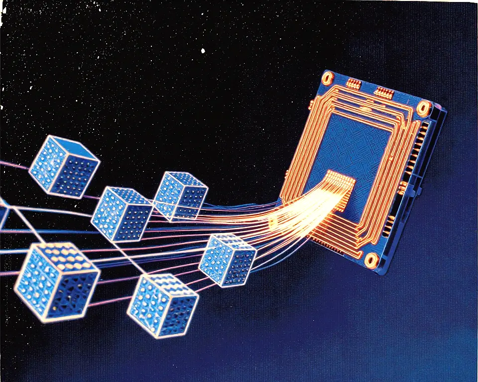 Aan Orange Pi single-board computer is an luminous copper trace and silicon die wireframe.