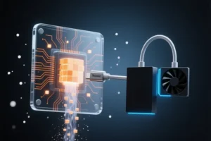 An video encoder chip made of clear glass and delicate orange circuitry where the cable connects to two GPU blocks.