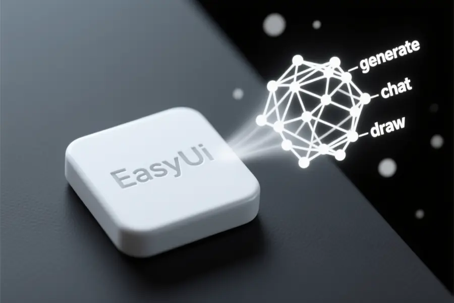 Close-up of a single enormous pristine white button with slightly rounded edges with the word EasyUI deeply embossed.