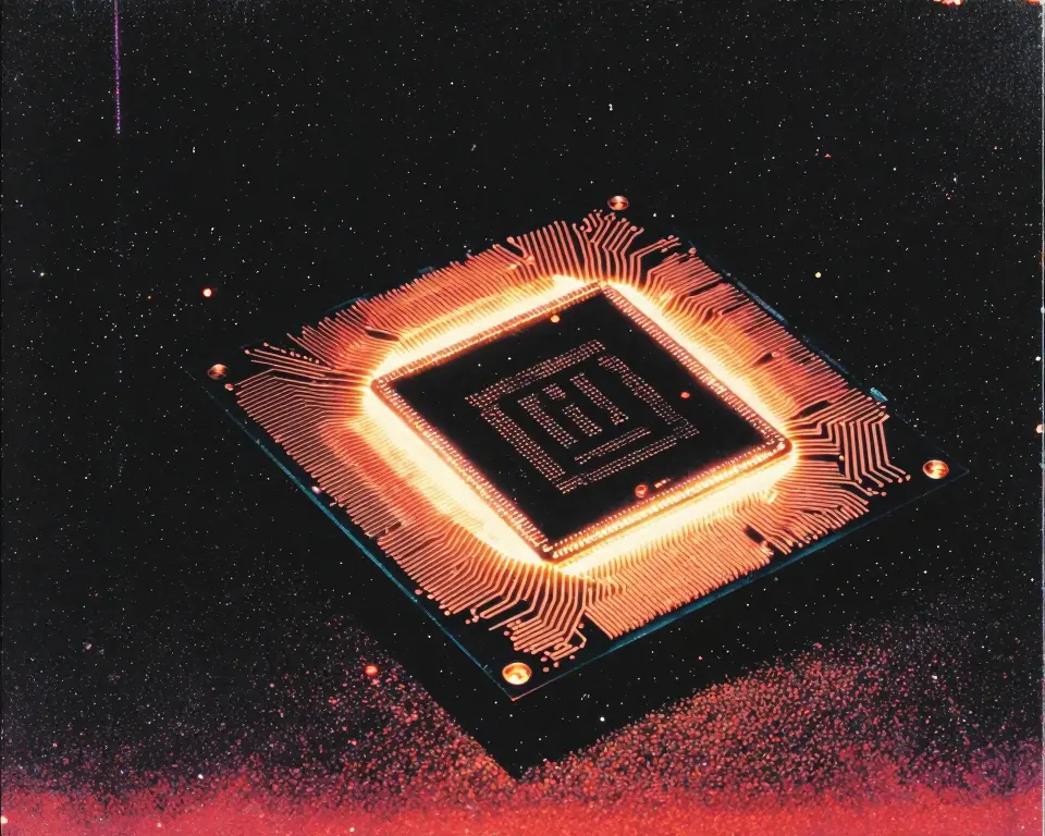 Close-up shot of a glowing AMD graphics processor die constructed from intricate golden circuit traces.