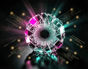 Digital futuristic decoder core made up of shattered crystalline shards and translucent glass panels.