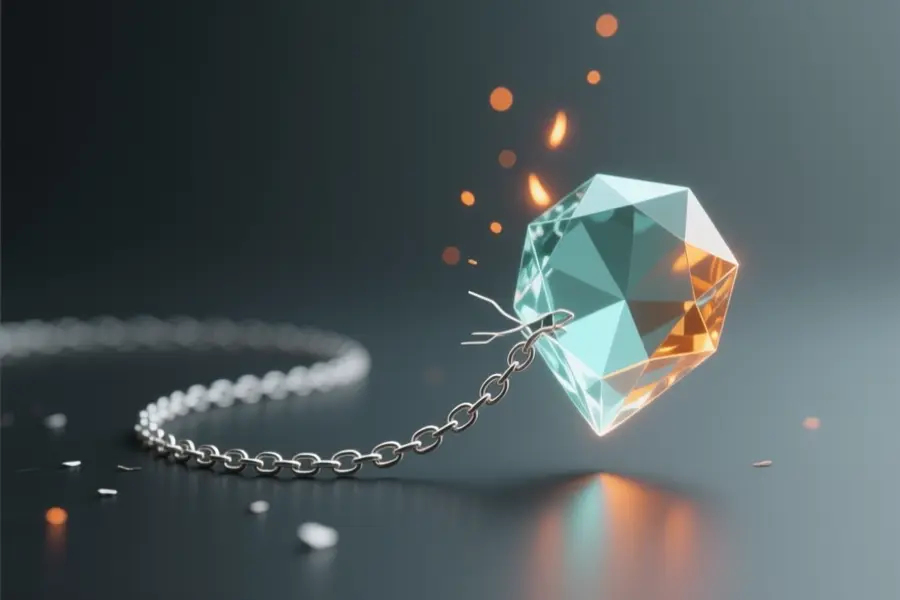 Digital gemstone in soft teal and warm amber hues connected by a fine broken silver chain.