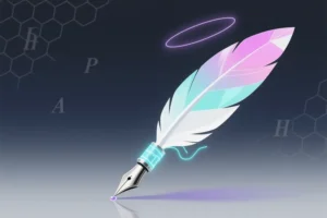 Digital illustration of a single elegant quill pen feather composed of layered translucent geometric shards.
