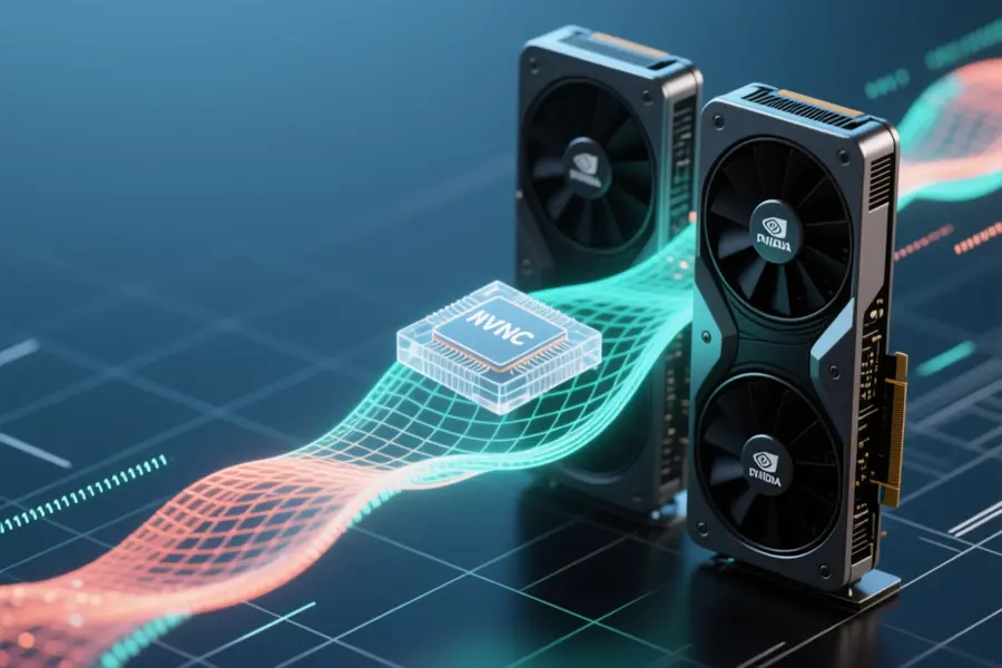Dual GPU inference of two stylized Nvidia GPU cards arranged vertically with glowing woven mesh of compressed data.
