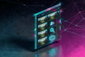 Floating sidebar asset browser panel of iridescent accents for ComfyUI featuring drag and drop interface.