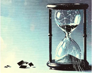 Futuristic hourglass with sparse glowing nodes flowing through wireframe polygons.