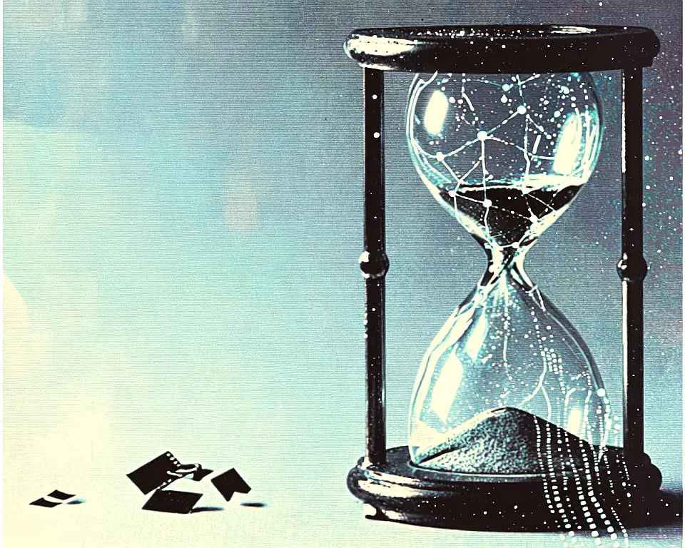 Futuristic hourglass with sparse glowing nodes flowing through wireframe polygons.
