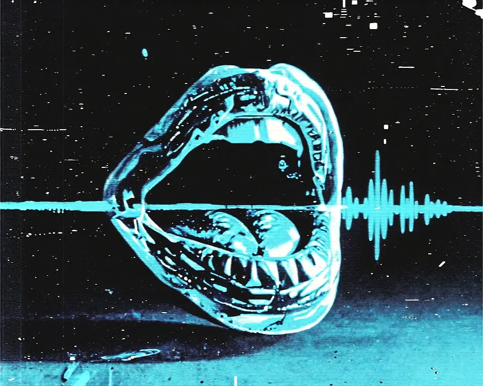 Humanoid mouth and waveform fusion sculpture made up of a translucent glass material.