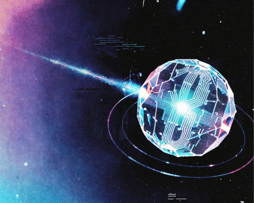 Hyper-detailed crystalline sphere composed entirely of luminous interconnected nodes and wireframe circuitry.