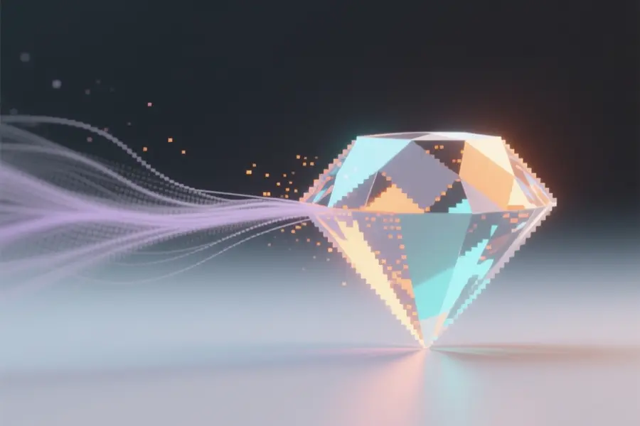 Luminous pixel-crystal geometrically faceted like a polished diamond but rendered with subtle glitch-textured surfaces and mesh layers.
