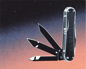 Modular Swiss Army knife with each tool deployed made up of a digital wireframe design.