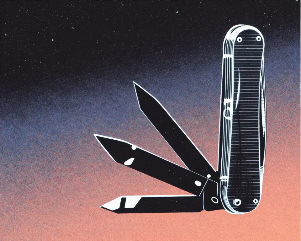 Modular Swiss Army knife with each tool deployed made up of a digital wireframe design.