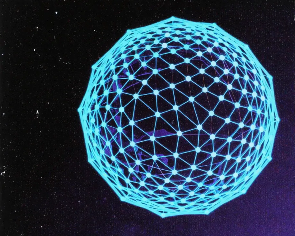 Prismatic layered sphere composed of digital wireframe with glowing nodes.