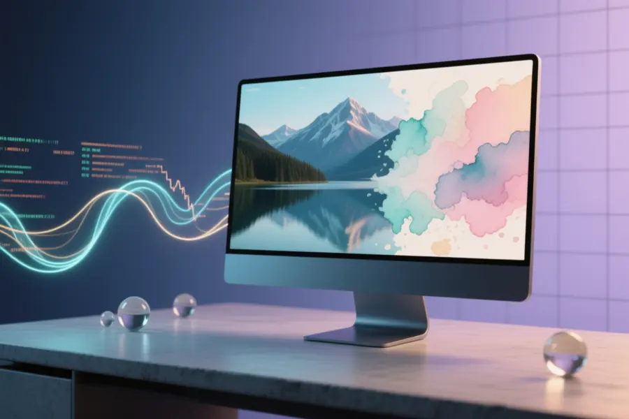 Screen displaying a stock photograph of a mountain lake that is mid-transformation into watercolor and oil pastels.