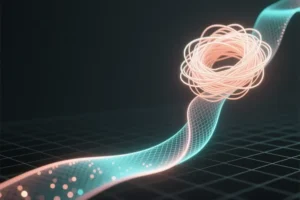 Sculptural ribbon made of luminous twisted lines glows gently where the ribbon transitions from chaotic tangled loops.